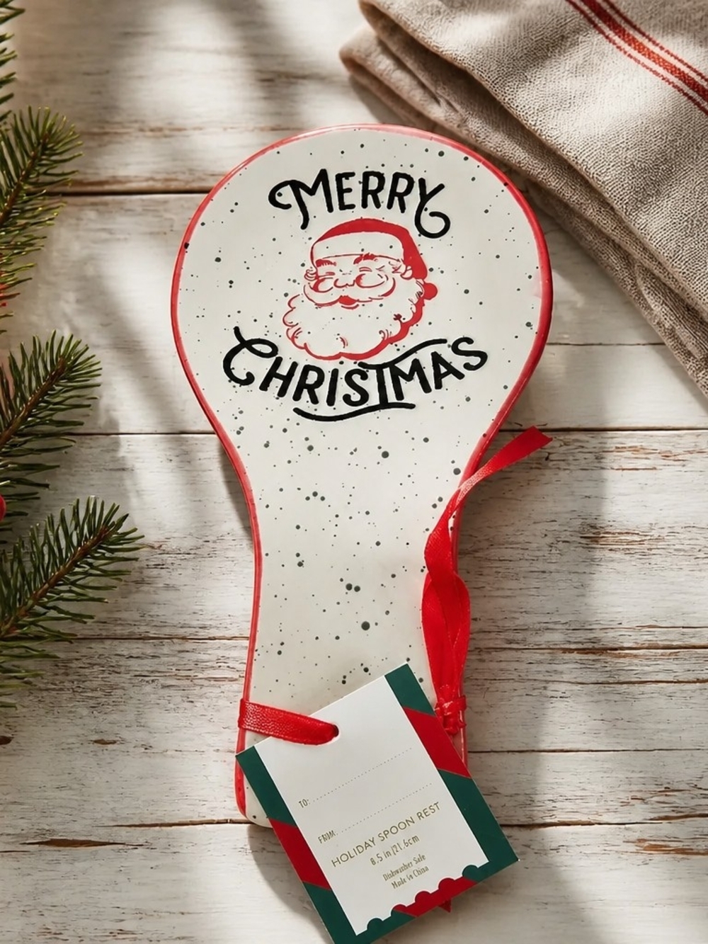 Global Desi White and Red Merry Christmas Spoon Rest